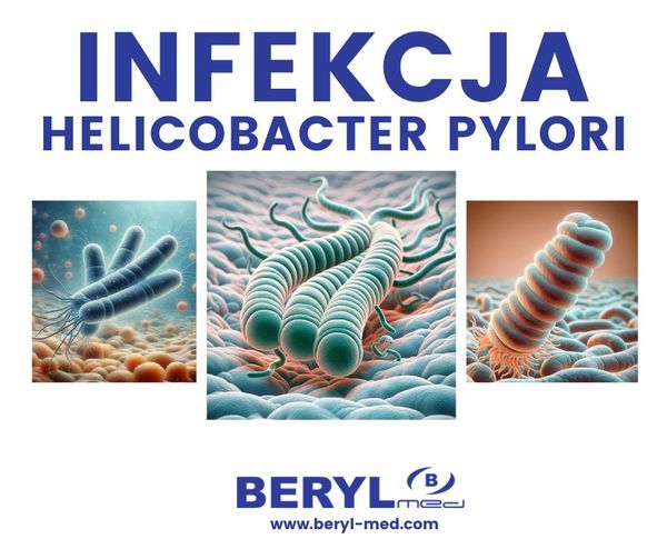 Schemat przedstawiający bakterie Helicobacter Pylori bytujące w błonie śluzowej żołądka, wywołujące stan zapalny oraz objawy choroby wrzodowej.